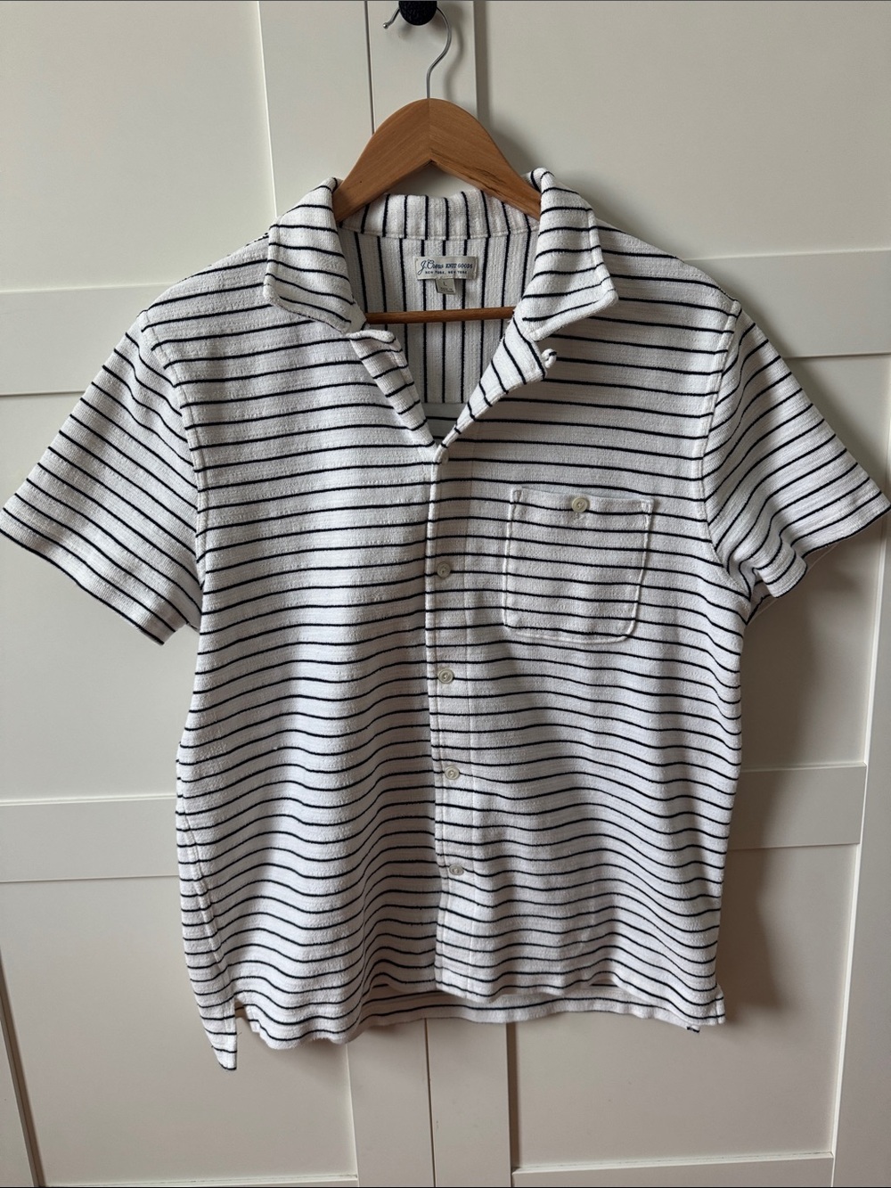 J Crew Striped Terry Cloth Short-Sleeve Polo Shirt - White with Black Stripes